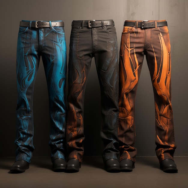 three jeans are blue and brown