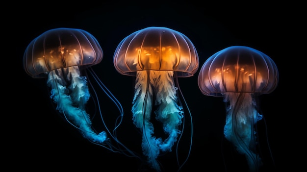 Three jellyfish are lit up against a black background.