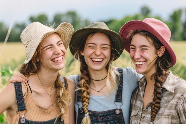 Three joyful faces of young European female farmers