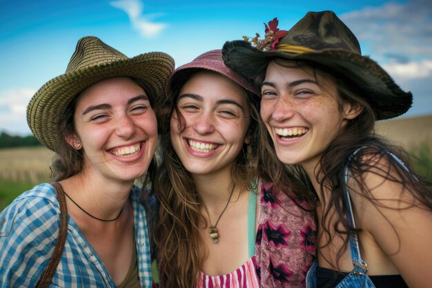 Three joyful faces of young European female farmers