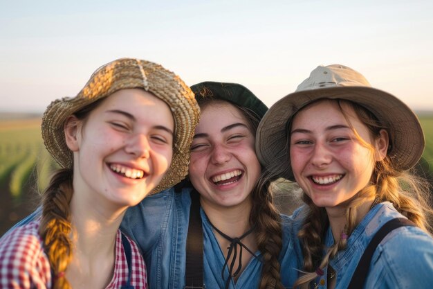 Three joyful faces of young European female farmers