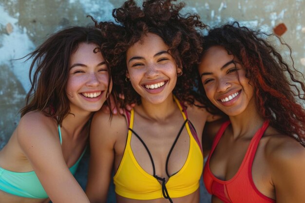 Photo three joyful young women with bright smiles posing closely together