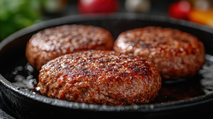 Photo 鉄の鍋で沸騰する3つのジューシーな牛肉パティ