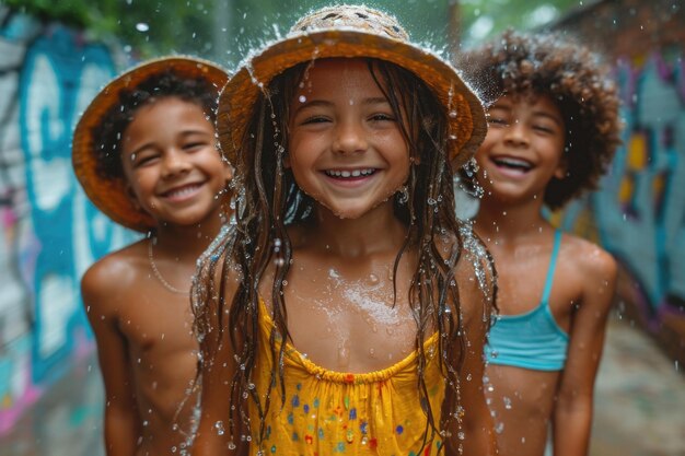 Three kids in colorful clothes having fun while it rains outside