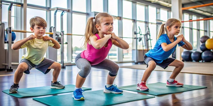 Photo three kids exercising with squats in gym