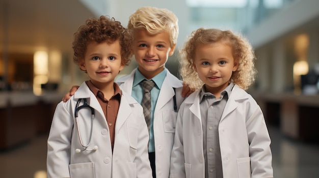 Foto tre bambini in giacche mediche giovani medici in piedi insieme in ospedale