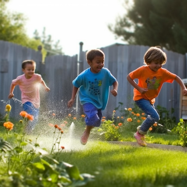 Three kids running in a backyard with a water hose.