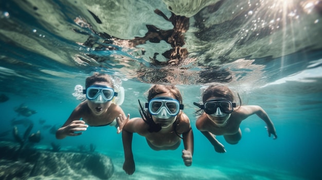 Three kids snorkeling under the water