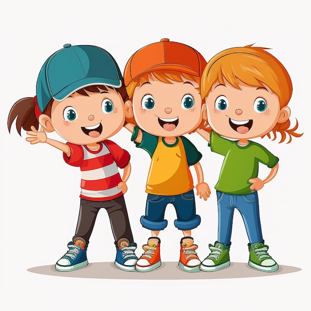Three kids standing together and smiling on a white background