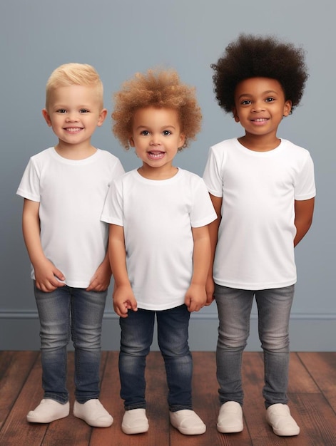 Photo three kids wearing white shirts that say 