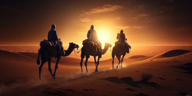 the Three Kings on their camels Created with generative AI technology