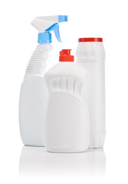 Three kitchen white cleaning bottles