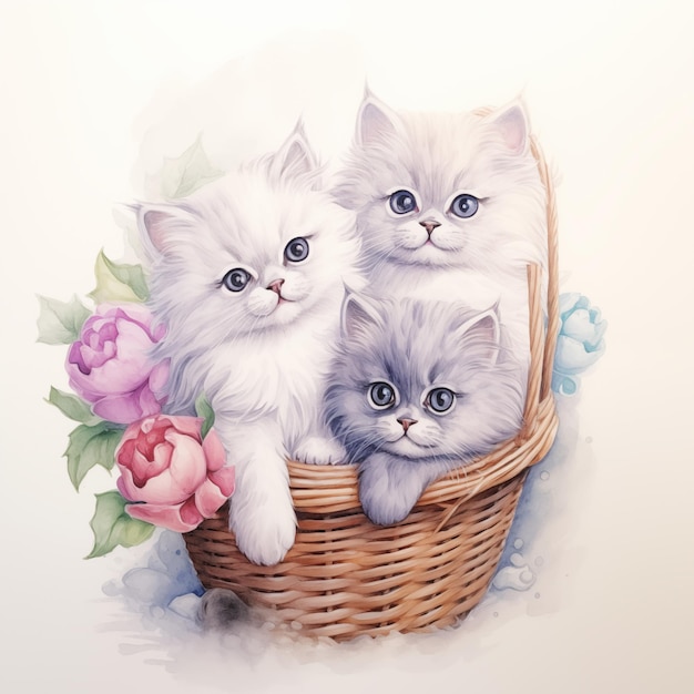 Photo three kitten in basket with flowers water color style