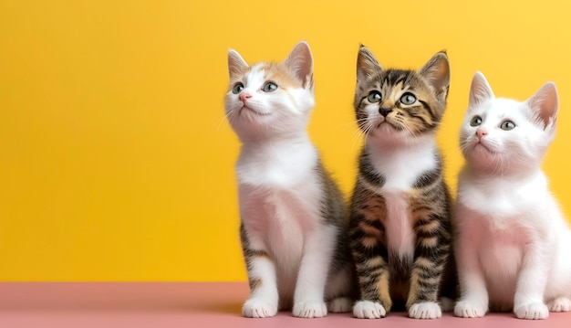 Three kittens are sitting and looking up on a yellow background with copy space generated ai