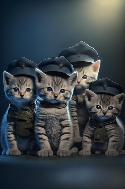 Three kittens are sitting on a table with man in uniform generative ai