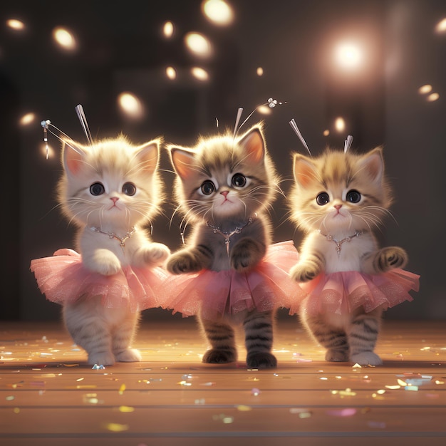 Photo three kittens in tutus dancing on the stage continuous action