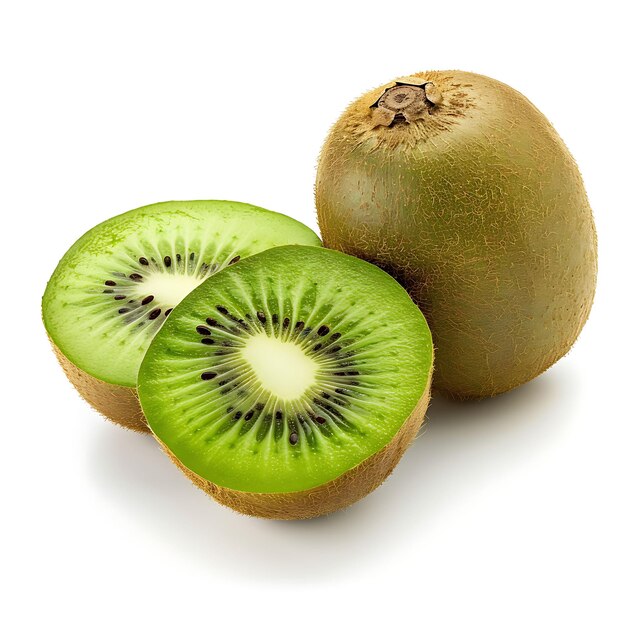 Photo three kiwi fruit with the word kiwi on the top