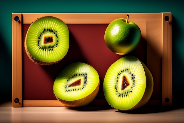 Three kiwis are on display in front of a board with a red background