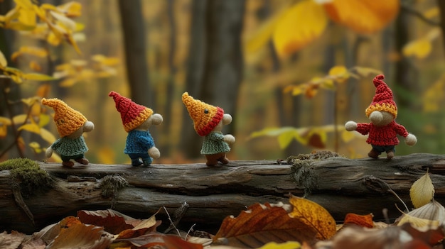 Three knitted gnome dolls on a fallen log in an autumnal forest