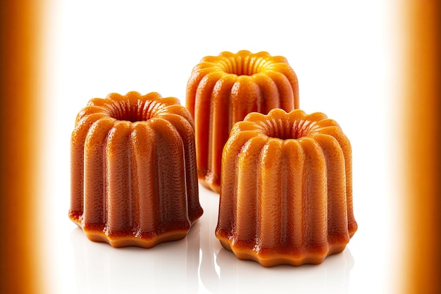 Three kramelized canele cakes on white background