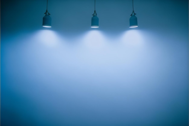 three lamps are hanging from the ceiling in a blue room