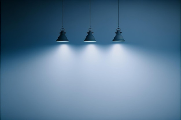 three lamps are hanging from the ceiling in a blue room