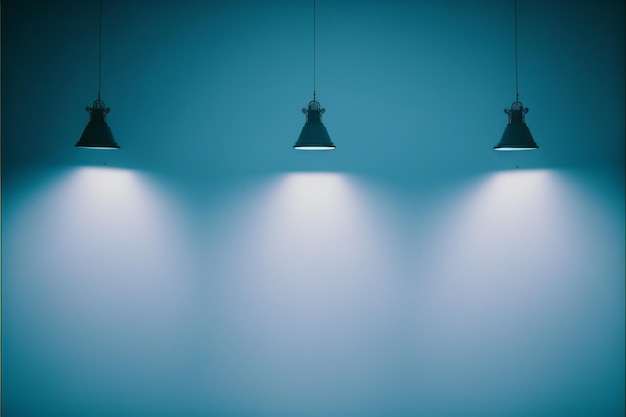 three lamps are hanging from the ceiling in a blue room