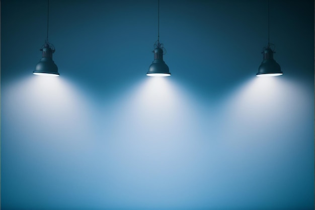 three lamps are hanging from the ceiling in a blue room