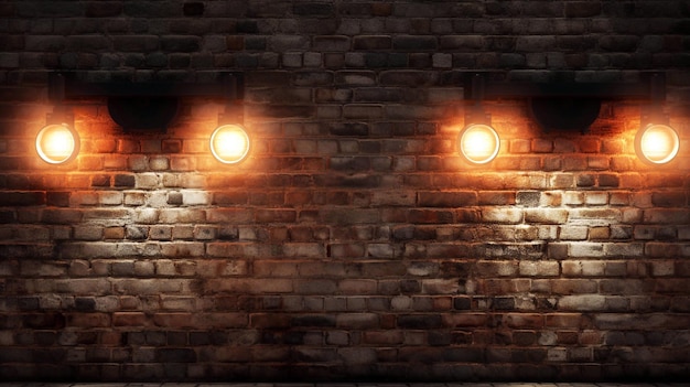 Three lamps on a brick wall in a dark room