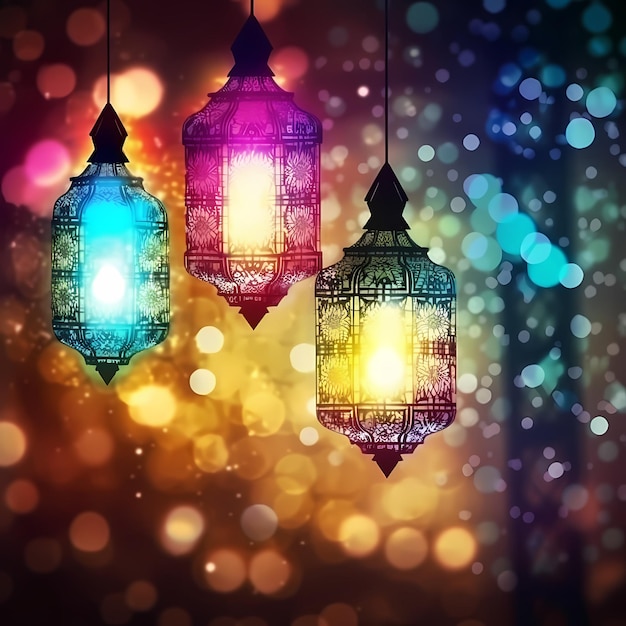 Three lamps with different colors hang from a bokeh background.