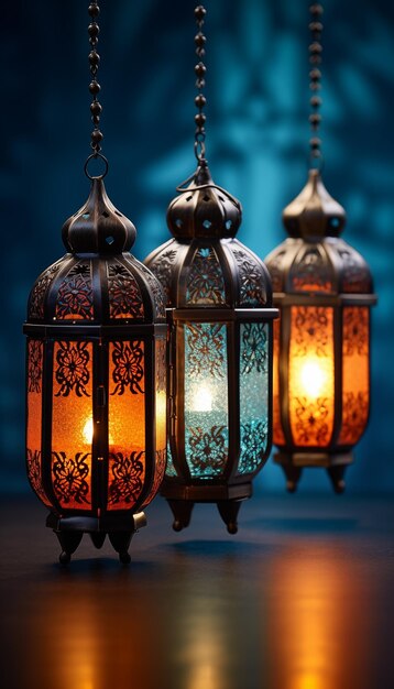 three lanterns hang on chains and shine at night in the dark Ramadan concept