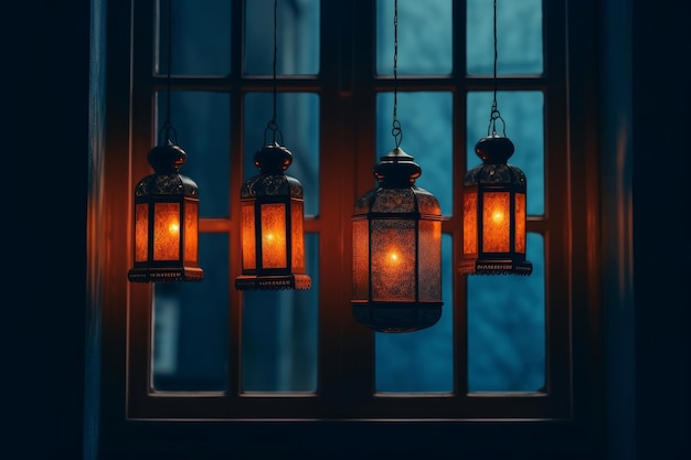 Three lanterns hanging from a window with the light on.