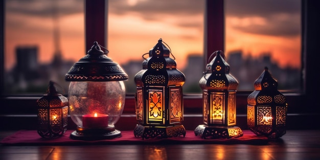 Three lanterns sit in front of a window with a sunset in the background.