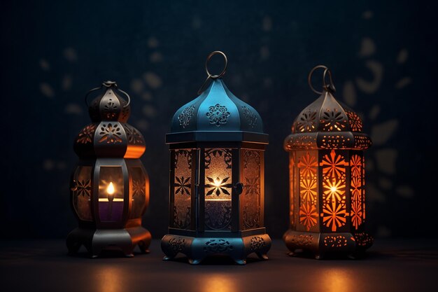 three lanterns with candles shine at night in the dark Ramadan concept