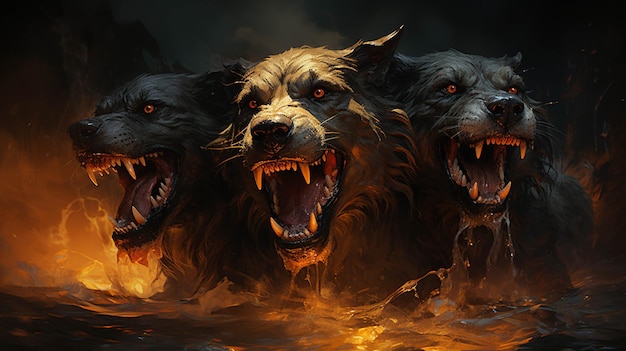 Three large black dogs with red eyes and fangs running through a fire generative ai