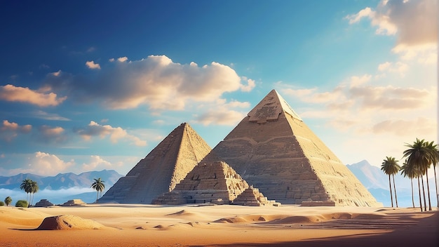 사막 에 있는 갈색 돌 로 만든 세 개의 큰 삼각형 구조물