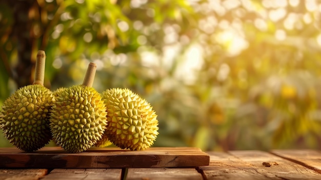 Photo three large unripe durians are sitting on a wooden table