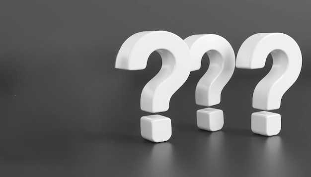 three large white question marks are shown against a grey backdrop representing inquiry and curiosity ideal for educational content or marketing campaigns