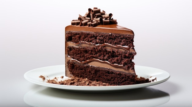 A three layer chocolate cake with frosting and curls on a white plate