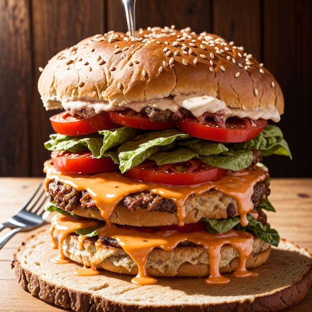 A three layer hamburger with lettuce, tomato, and cheese on top.