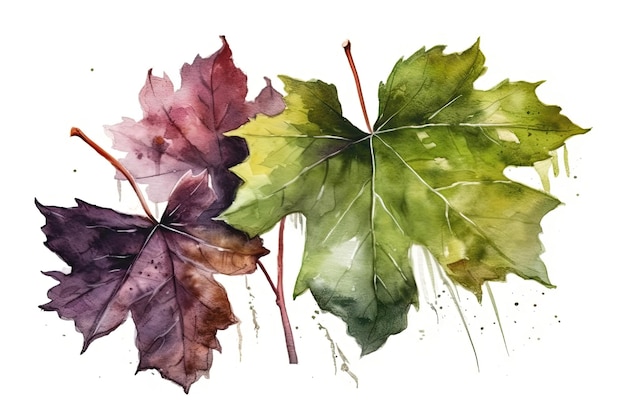 Three leaves painted in watercolor Generative AI