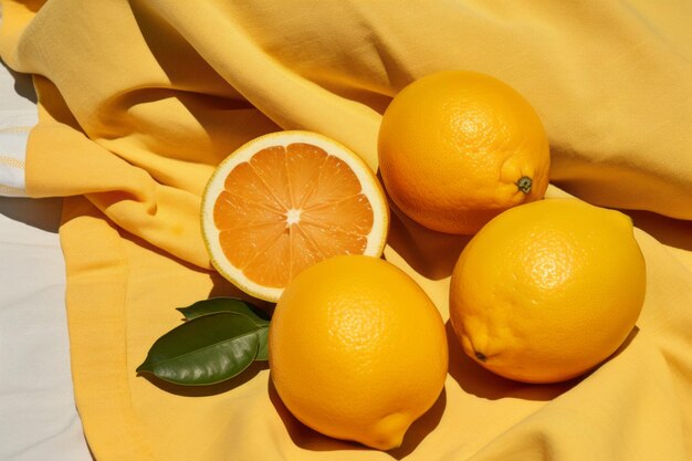 three lemons sit on top of a yellow cloth