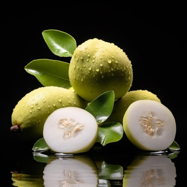 Three lemons with green leaves and one is called " pear ".