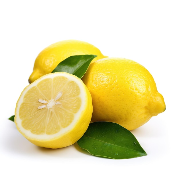 Три лимона с зелеными листьями и один лимон на белом фоне.