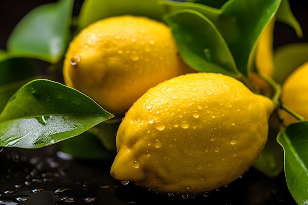 Three lemons with water droplets on them sit on a black surface.