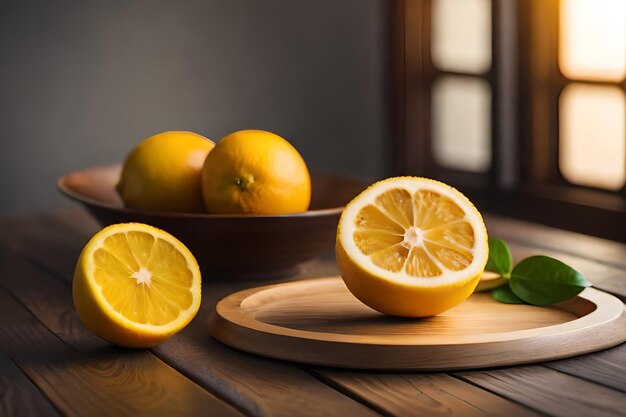 Three lemons on a wooden cutting board with a bowl of green leaves on the table.