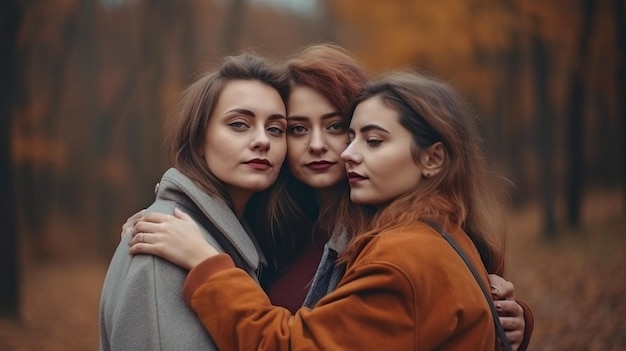 Фото Три лесбиянки обнимаются в парке: идея свободы в любви и генеративный ии