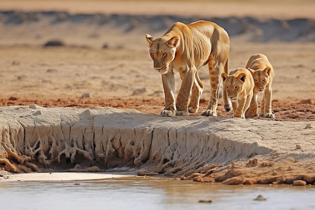 写真 3匹のライオンが子獅子と川を歩いている