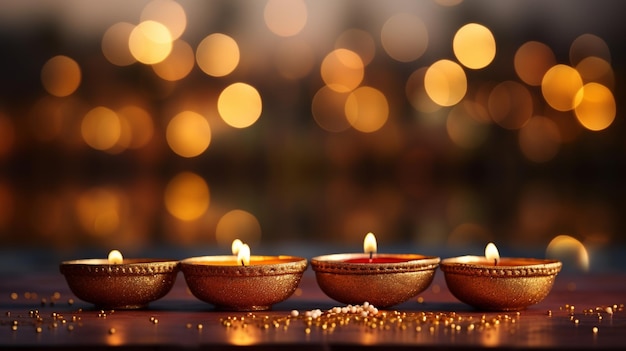 Три зажженные свечи сидят на столе с генеративным искусственным интеллектом с золотым блеском