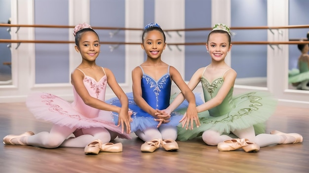 Three little ballet girls sitting and posing together